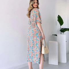 Multicolor calf length printed rayon dress
