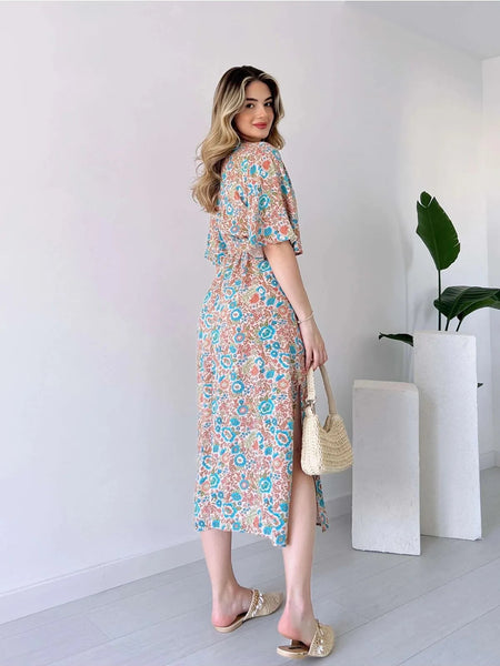 Multicolor calf length printed rayon dress
