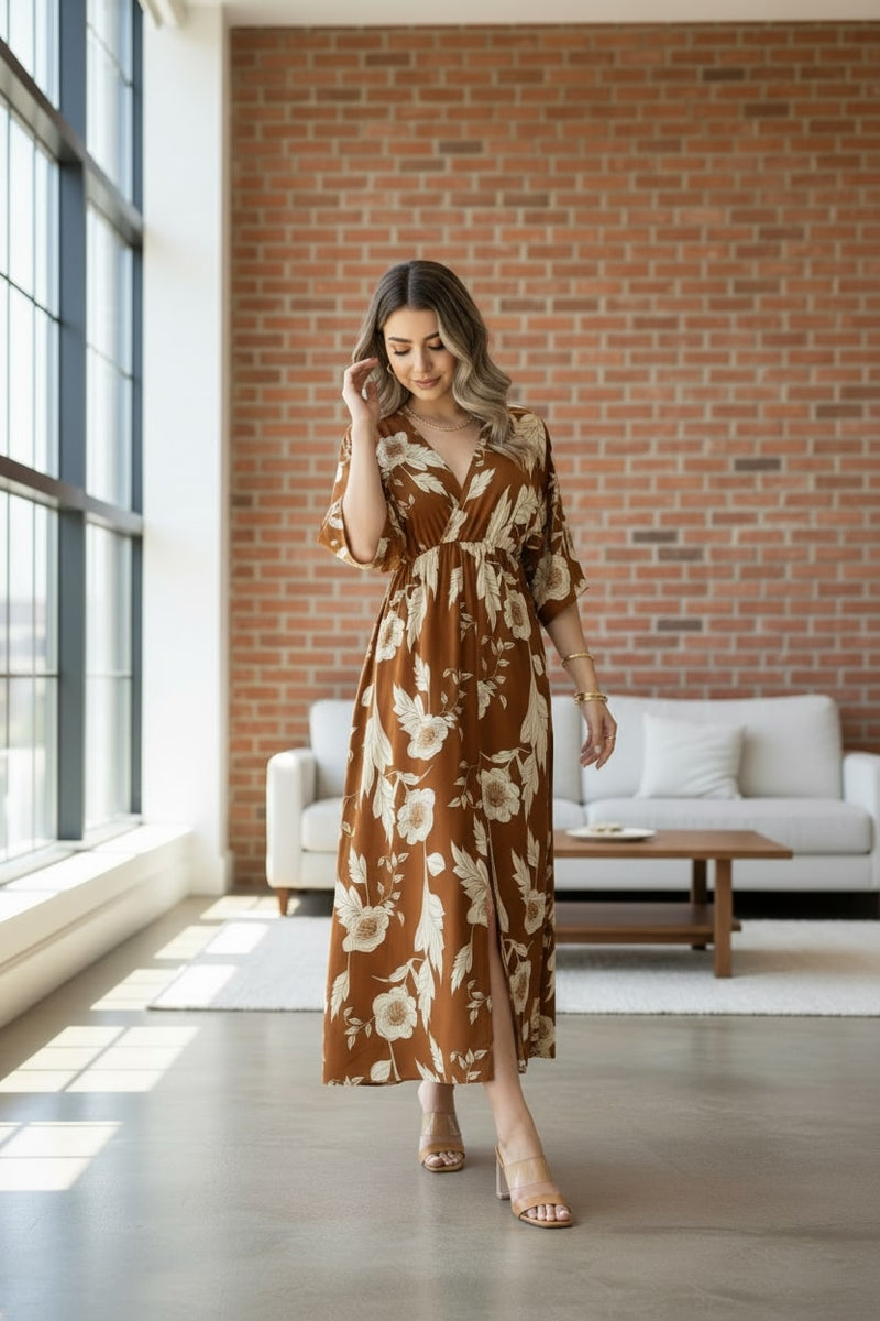 Woman wearing brown floral calf length rayon dress
