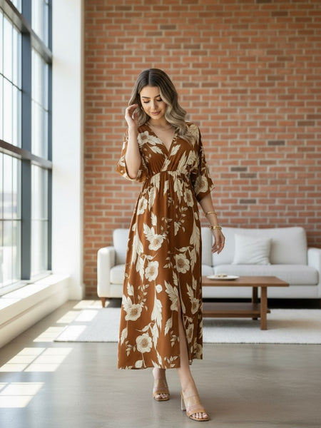 Woman wearing brown floral calf length rayon dress
