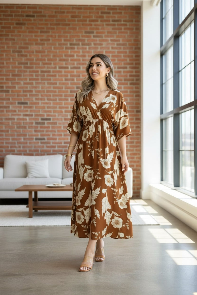 Elegant brown floral rayon dress with 3/4 sleeves
