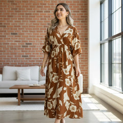 Elegant brown floral rayon dress with 3/4 sleeves
