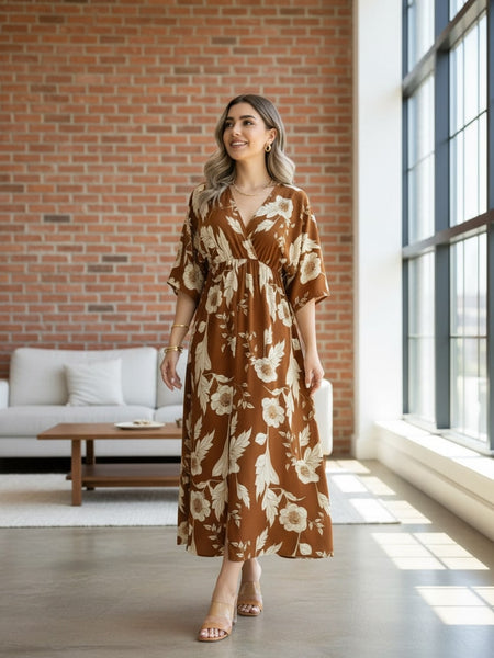 Elegant brown floral rayon dress with 3/4 sleeves
