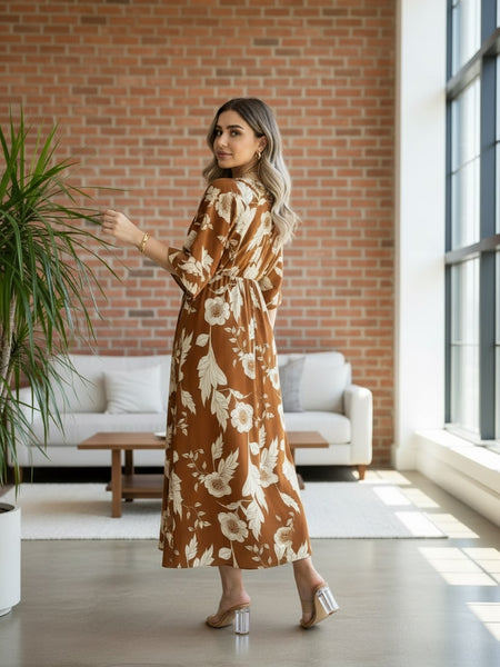 Woman brown printed rayon dress walking pose
