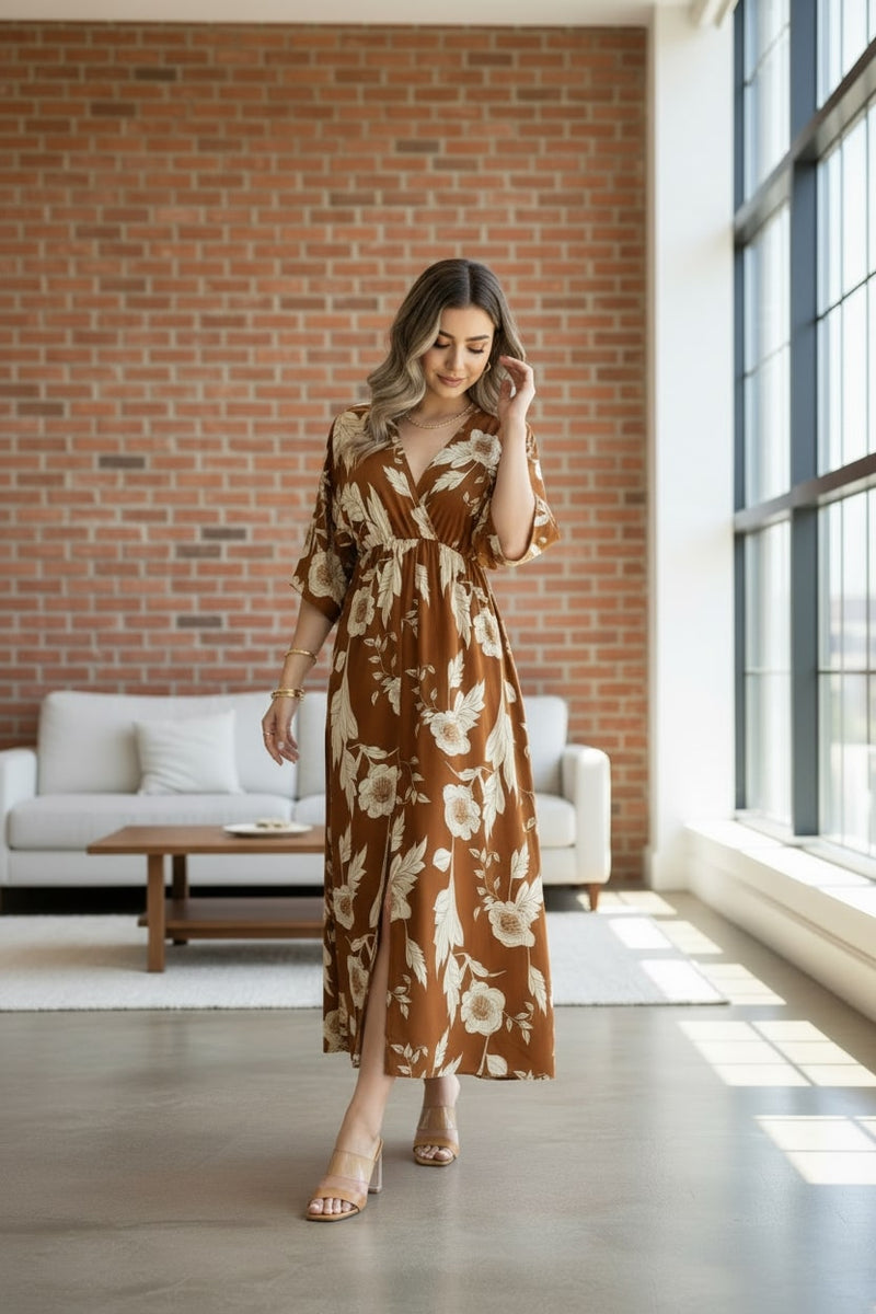 Brown floral V neck fit and flare dress for woman
