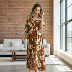 Brown floral V neck fit and flare dress for woman
