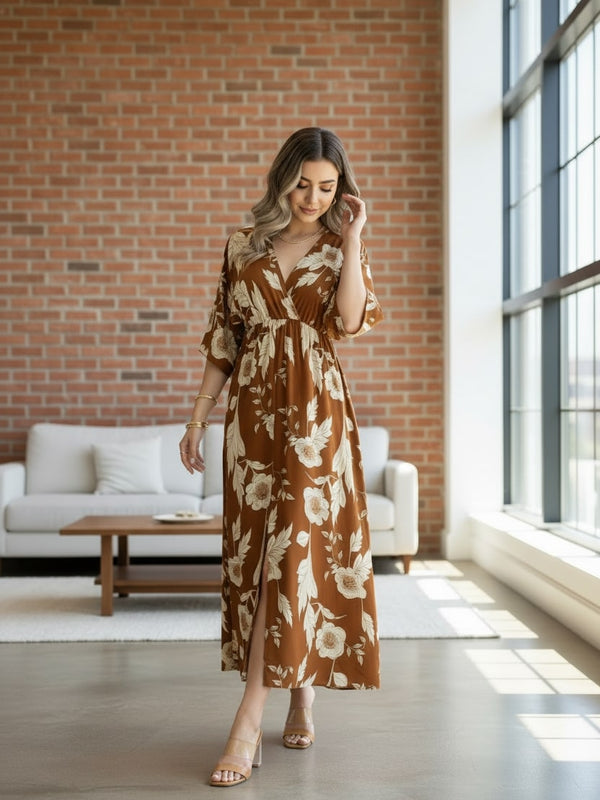 Brown floral V neck fit and flare dress for woman

