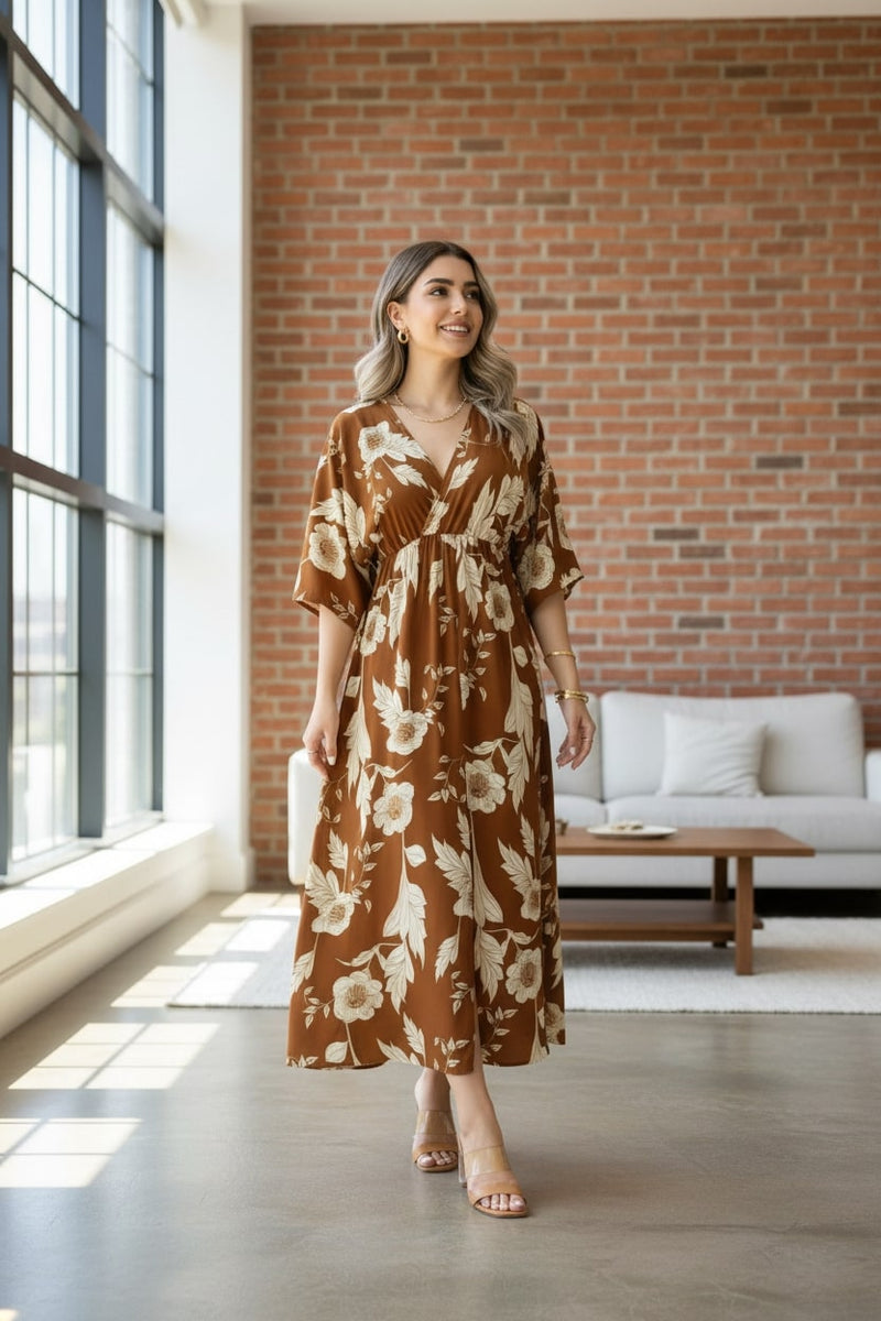 Woman brown floral rayon fit and flare dress front view
