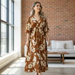Woman brown floral rayon fit and flare dress front view

