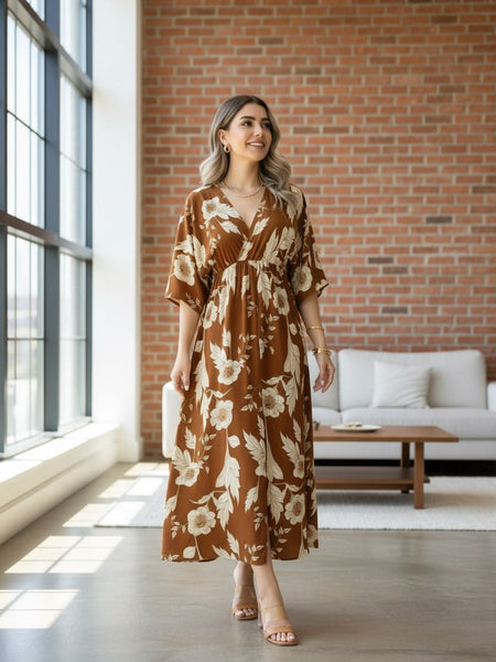 Woman brown floral rayon fit and flare dress front view
