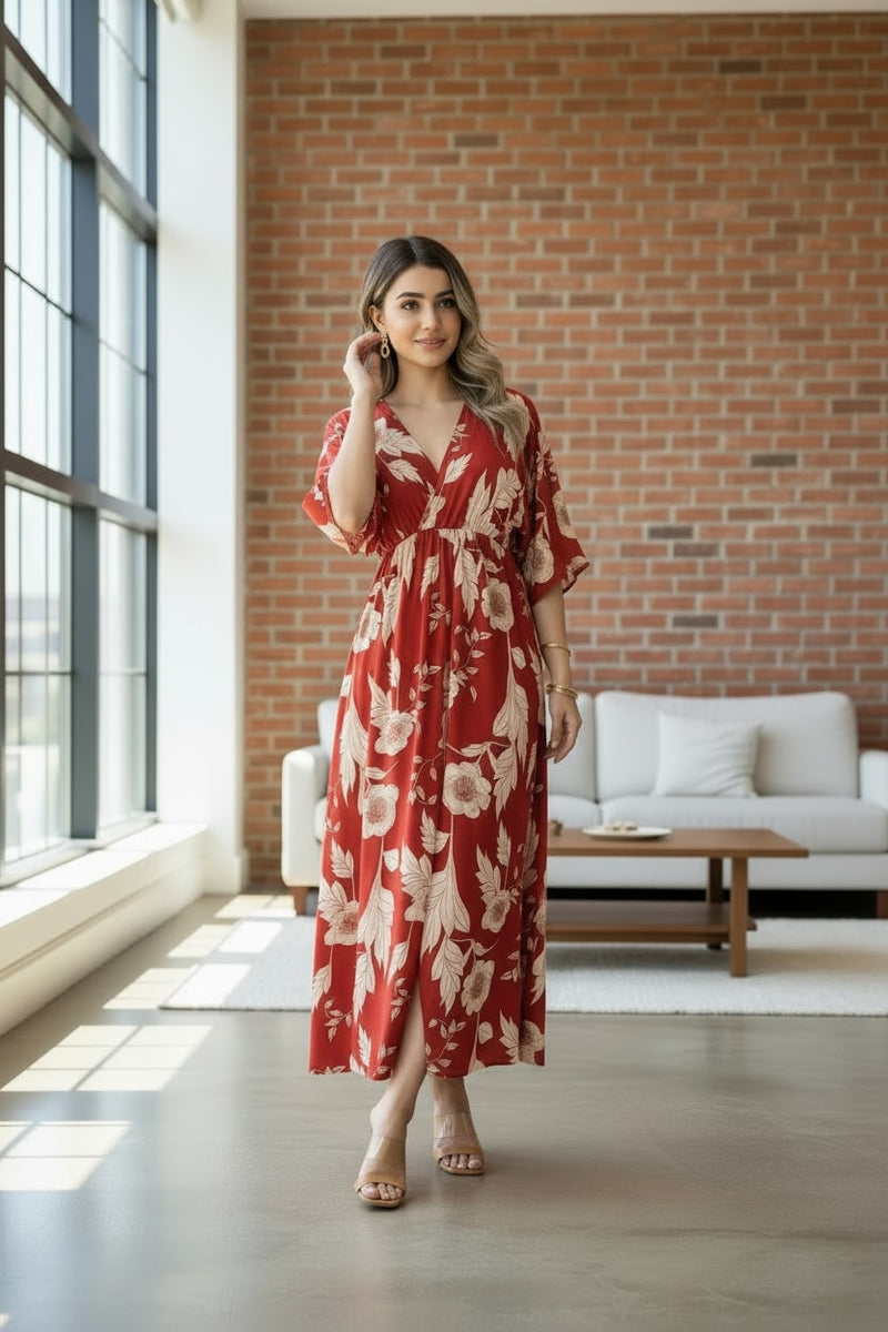 Girl wearing red floral calf length rayon dress
