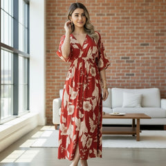 Girl wearing red floral calf length rayon dress

