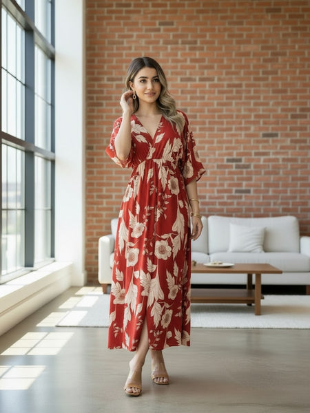 Girl wearing red floral calf length rayon dress
