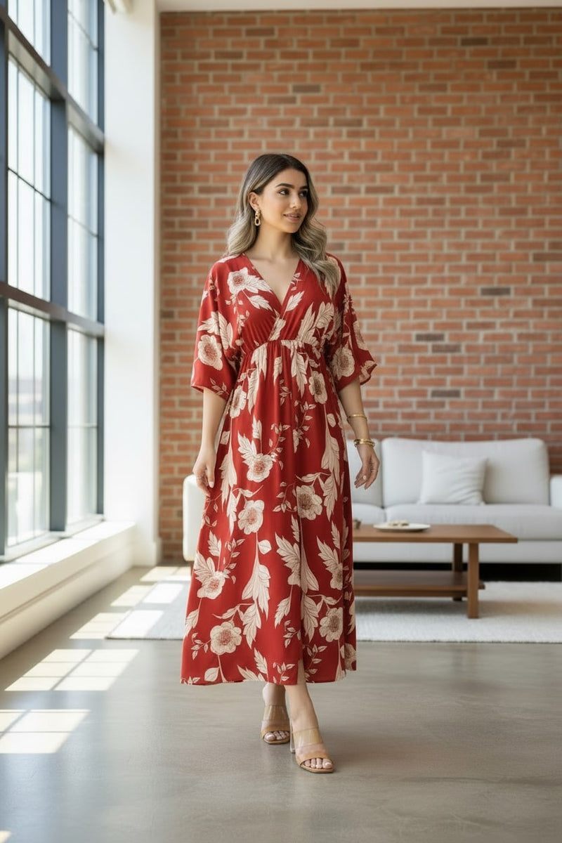 Red floral V neck fit and flare dress for girl
