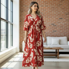 Red floral V neck fit and flare dress for girl
