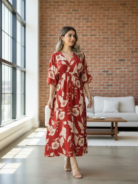 Red floral V neck fit and flare dress for girl
