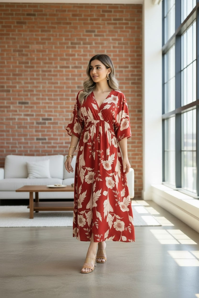 Girl red printed rayon dress indoor styling
