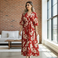 Girl red printed rayon dress indoor styling
