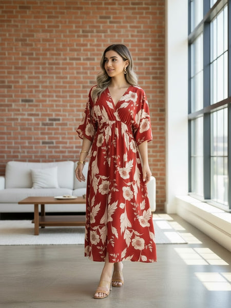 Girl red printed rayon dress indoor styling
