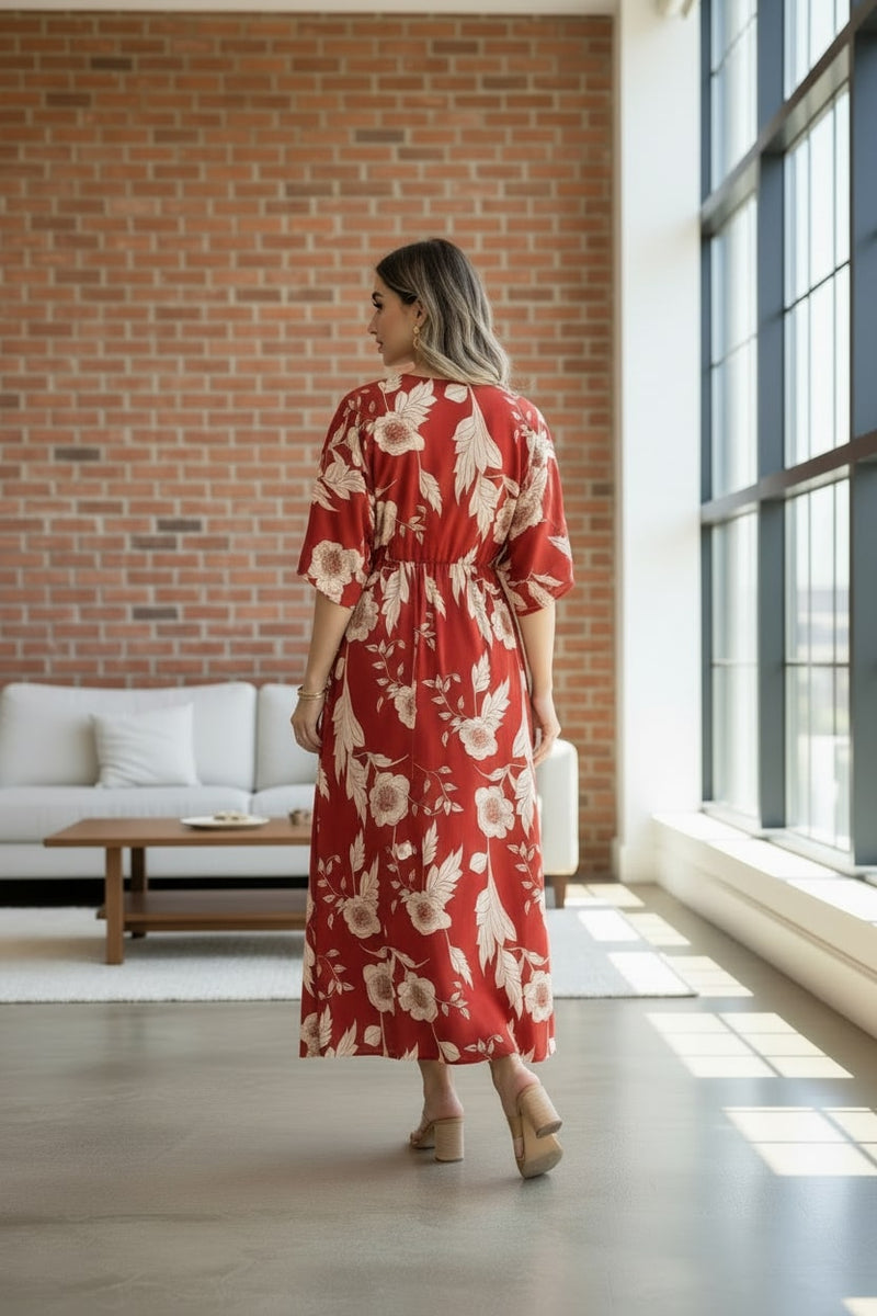 Elegant red floral rayon dress with 3/4 sleeves
