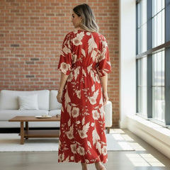 Elegant red floral rayon dress with 3/4 sleeves
