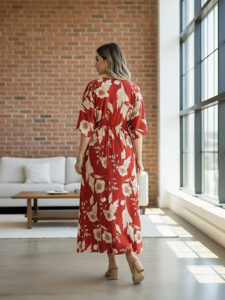Elegant red floral rayon dress with 3/4 sleeves
