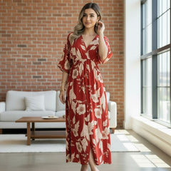 Girl red floral rayon fit and flare dress front view
