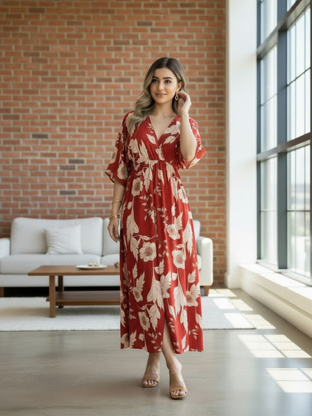 Girl red floral rayon fit and flare dress front view
