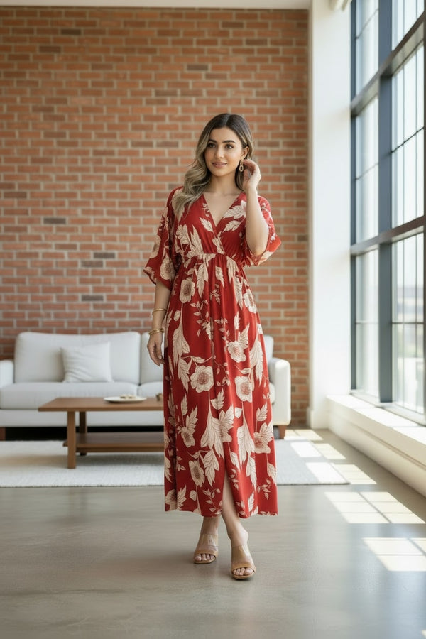 Girl red floral rayon fit and flare dress front view
