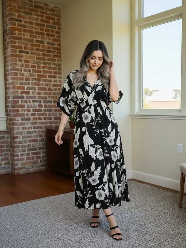 Casual wear black floral fit and flare dress girl