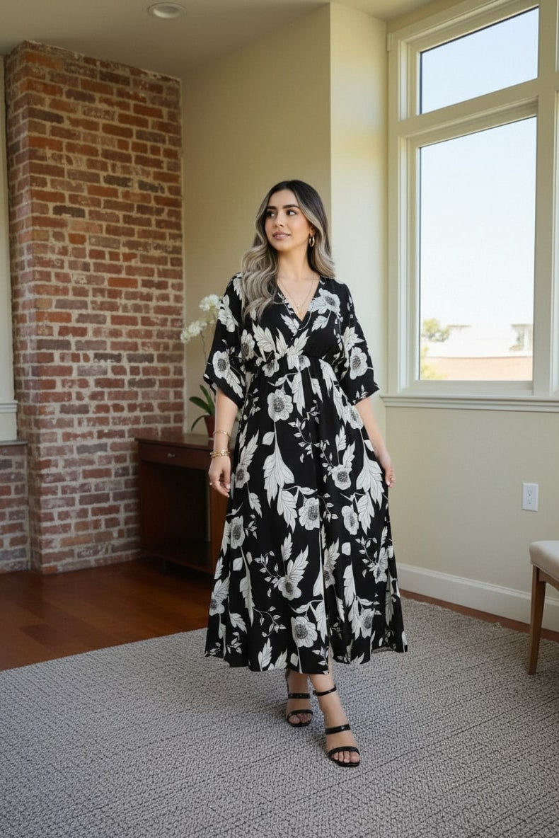 Girl black floral rayon fit and flare dress front view
