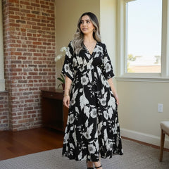 Girl black floral rayon fit and flare dress front view

