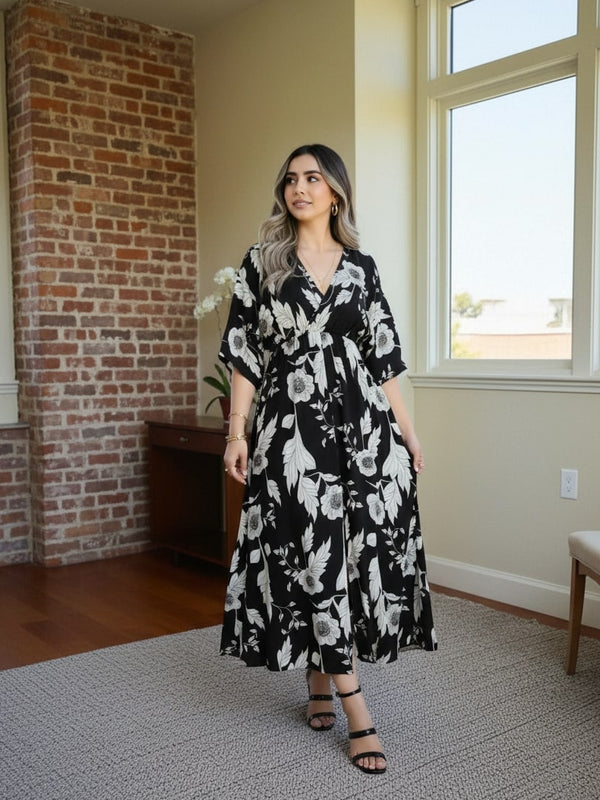 Girl black floral rayon fit and flare dress front view
