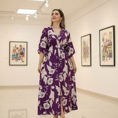 Purple floral V neck fit and flare dress for female

