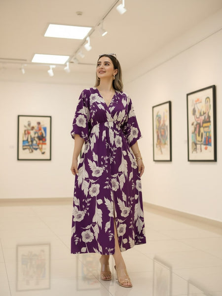 Purple floral V neck fit and flare dress for female
