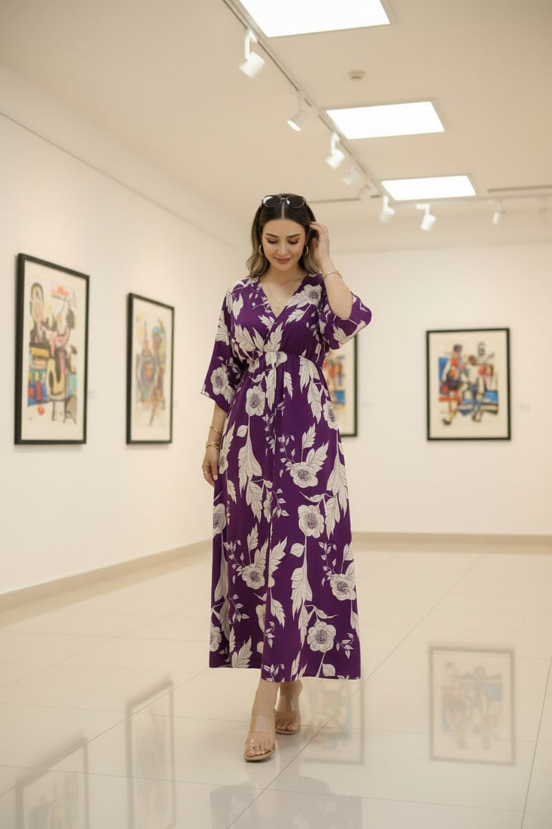 Elegant purple floral rayon dress with 3/4 sleeves
