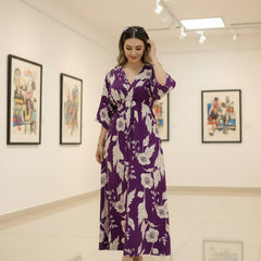 Elegant purple floral rayon dress with 3/4 sleeves
