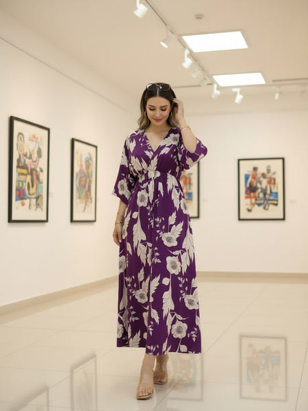 Elegant purple floral rayon dress with 3/4 sleeves
