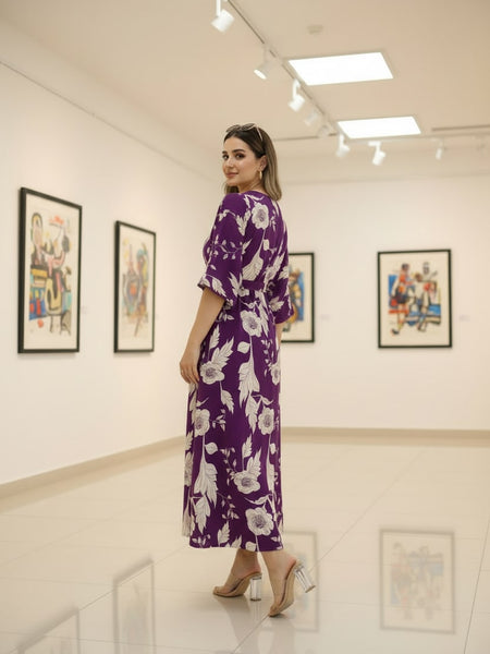 Female purple printed rayon dress gallery pose
