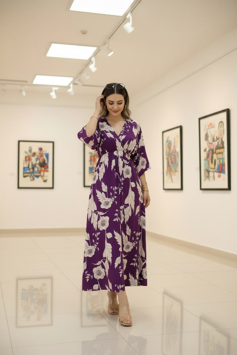 Female purple floral rayon fit and flare dress front view
