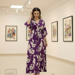 Female purple floral rayon fit and flare dress front view

