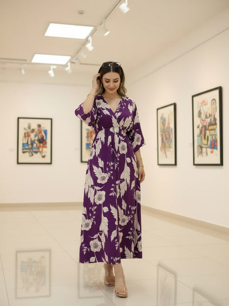 Female purple floral rayon fit and flare dress front view
