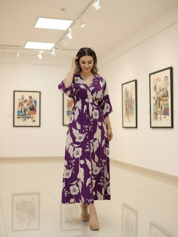 Female purple floral rayon fit and flare dress front view
