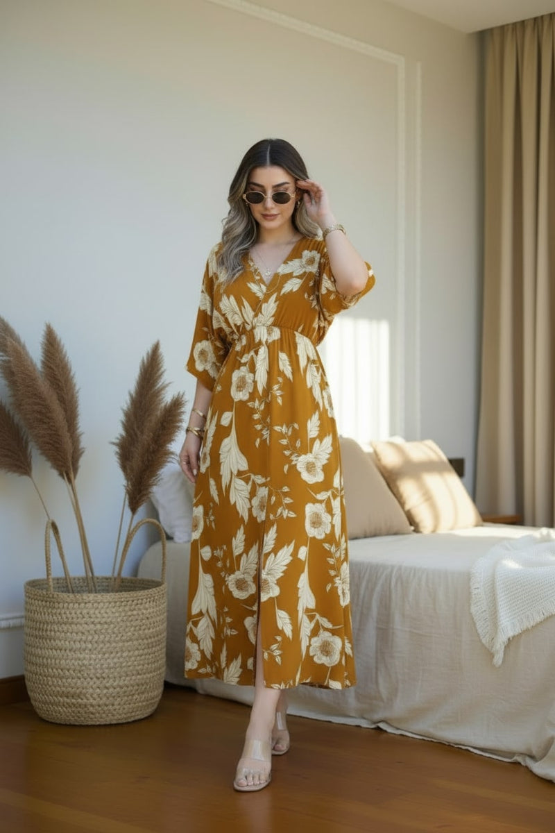 Yellow floral V neck fit and flare dress for female
