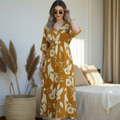 Yellow floral V neck fit and flare dress for female
