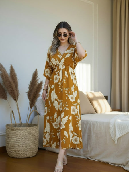 Yellow floral V neck fit and flare dress for female
