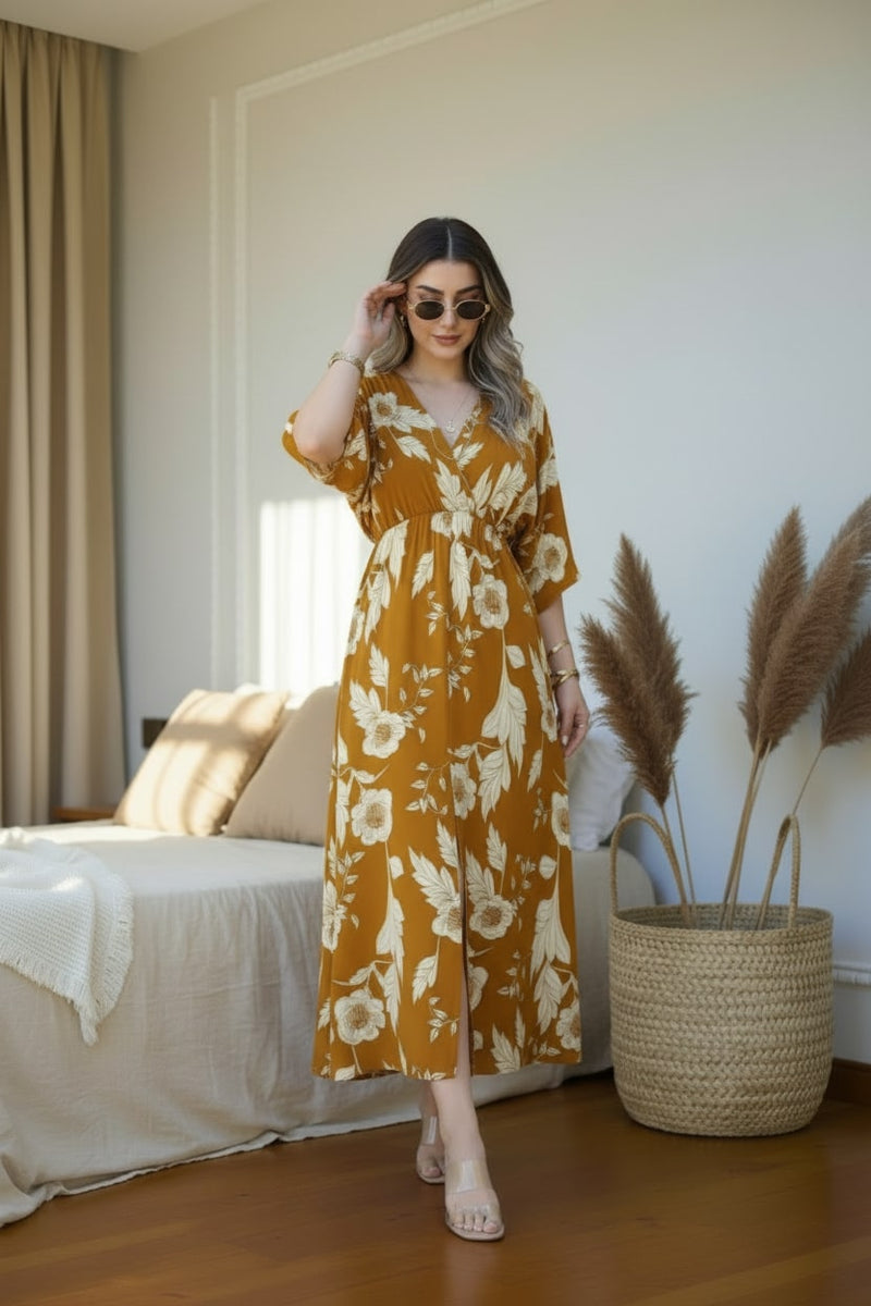 Female yellow floral rayon fit and flare dress front view
