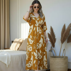 Female yellow floral rayon fit and flare dress front view
