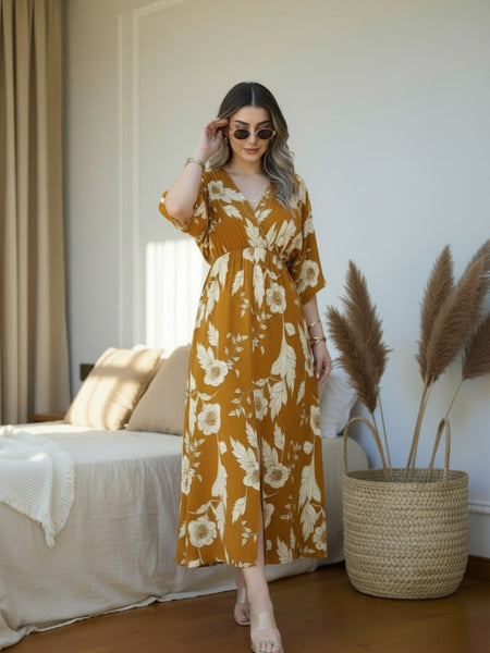 Female yellow floral rayon fit and flare dress front view
