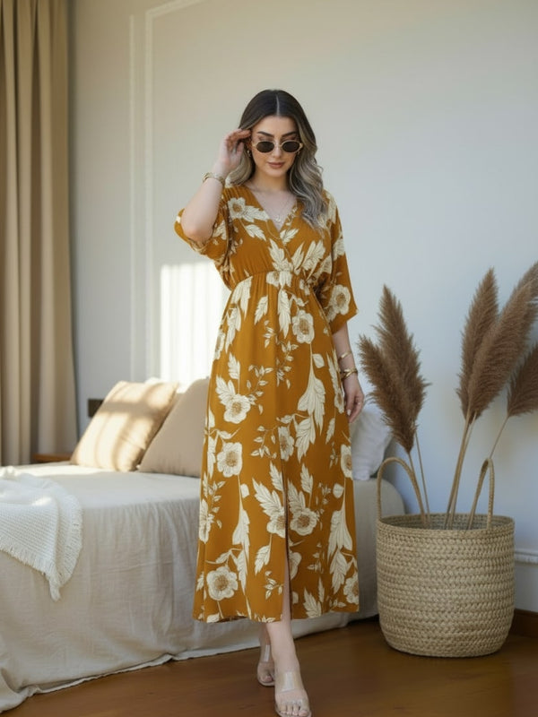 Female yellow floral rayon fit and flare dress front view
